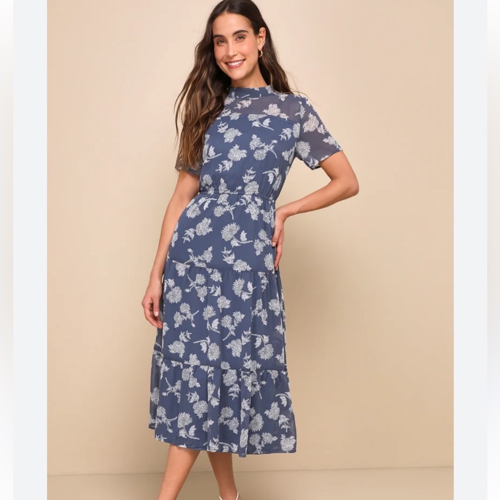 Lulu's Dusty Blue Floral Midi Dress with White Print